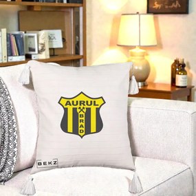 Perna Personalizata Aurul Brad Fotbal, 40x40 cm, Bej cu Franjuri, Husa Detasabila, Perna Inclusa, BEKZ®
