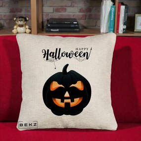 Perna Decorativa Happy Halloween Dovleac Negru cu Paianjen, 40x40 cm, Bej Canapea, Husa Detasabila, Perna Inclusa, BEKZ®