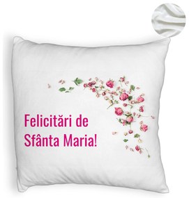 Perna Decorativa Fluffy, Model Felicitari de Sfanta Maria, 40x40 cm, Alba, Husa Detasabila, Burduf