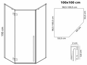 Cabina de dus pentagonala Rea Diamond cu usa batanta 100x100 negru mat