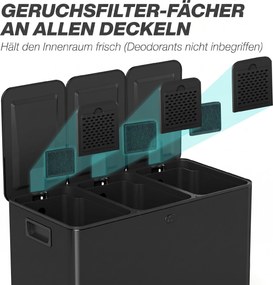 HOMCOM Coș de Gunoi cu 3 Secțiuni de 20L cu Pedală și 2 Capace cu Închidere Silențioasă, Coș de Gunoi din Oțel Inoxidabil și PP, 61.9x36.6x56.7 cm, Negru | Aosom Romania