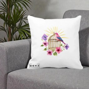 Perna Decorativa Pasare Roz pe Colivie Aurie cu Flori, 40x40 cm, Alba Mata, Husa Detasabila, Perna Inclusa, BEKZ®