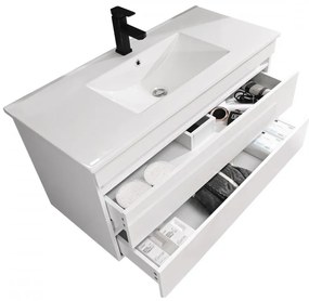 Mobilier de baie Cube 100 cm cu chiuvetă ceramică (2 sertare) și oglindă 60x100 cm vopsită în alb lucios