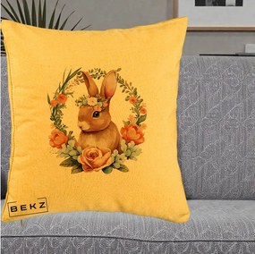 Perna Decorativa Iepuras Floral Coronita Acuarela, 40x40 cm, Galben, Husa Detasabila, Perna Inclusa, BEKZ®