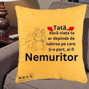 Cadou pentru Tata - Perna Personalizata Tata Nemuritor Baietel, 40x40 cm, Galben, Husa Detasabila, Perna Inclusa, BEKZ®