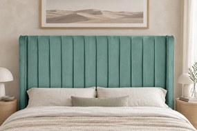 Pat tapițat din catifea Aurelia Simple 180×200 cm, verde marin, cu ladă de depozitare