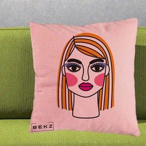 Perna Decorativa Portret Pop Art Fata, 40x40 cm, Roz, Husa Detasabila, Perna Inclusa, BEKZ®