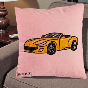 Perna Personalizata Masina Cabriolet Galbena Grafic, 40x40 cm, Roz, Husa Detasabila, Perna Inclusa, BEKZ®