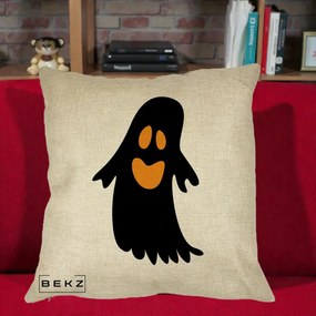 Perna Decorativa Halloween Fantoma Neagra cu Ochi Portocalii, 40x40 cm, Crem, Husa Detasabila, Perna Inclusa, BEKZ®