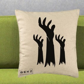 Perna Decorativa Halloween Maini Zombie Alb-Negru, 40x40 cm, Bej, Husa Detasabila, Perna Inclusa, BEKZ®