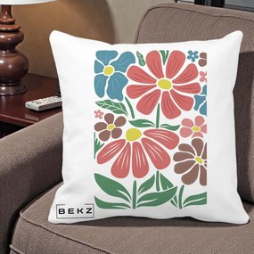 Perna Decorativa Flori Grafice Colorate Retro, 40x40 cm, Alba Mata, Husa Detasabila, Perna Inclusa, BEKZ®