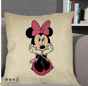 Perna Personalizata Minnie Mouse cu Fundita, 40x40 cm, Crem, Husa Detasabila, Perna Inclusa, BEKZ®