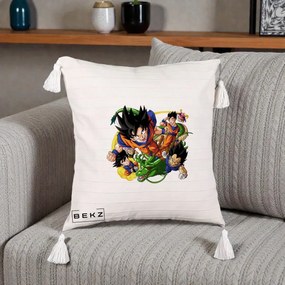 Perna Personalizata Dragon Ball Goku si Shenron Actiune, 40x40 cm, Bej cu Franjuri, Husa Detasabila, Perna Inclusa, BEKZ®