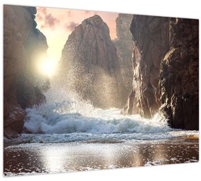 Tablou pe sticlă - Stânci și valuri ale oceanului (70x50 cm)