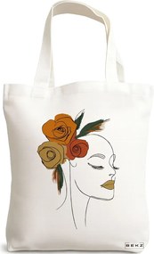 Sacosa de Panza pentru Cumparaturi, Geanta Tote, Flower Lady 15, 38x34.5 cm, Alba, BEKZ®