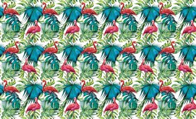 Fototapet - păsări flamingo și frunze (254x184 cm)