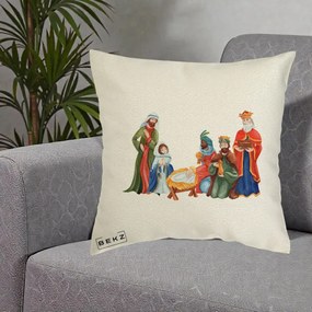Perna Decorativa Nasterea Domnului Cei Trei Magi Acuarela, 40x40 cm, Ecru, Husa Detasabila, Perna Inclusa, BEKZ®