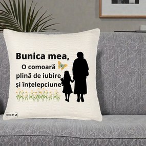 Cadou pentru Bunica - Perna Personalizata Bunica Mea Comoara Iubire Intelepciune Varianta Extinsa, 40x40 cm, Crem Reliefat, Husa Detasabila, Perna Inclusa, BEKZ®