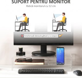 HOMCOM Suport Monitor Acrilic cu 2 Rafturi, Suport Ergonomic pentru PC, Transparent, 50.8x19x12 cm, Ideal pentru Birouri Moderne | Aosom Romania