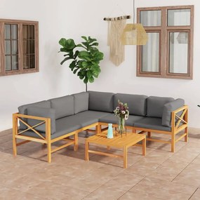 Set mobilier gradina cu perne gri, 6 piese, lemn masiv de tec Gri, 3x colt + 2x mijloc + masa, 1