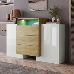 Comodă Modernă cu LED Multicolor, Alb+Culoare naturală | Aosom Romania
