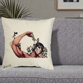 Perna Personalizata Attack on Titan Eren Titan Grup, 40x40 cm, Ecru, Husa Detasabila, Perna Inclusa, BEKZ®