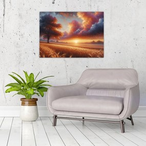 Tablou pe sticlă – Apus de soare pe câmp (70x50 cm)