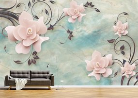 Tapet Premium Canvas - Abstract flori roz cu ramuri