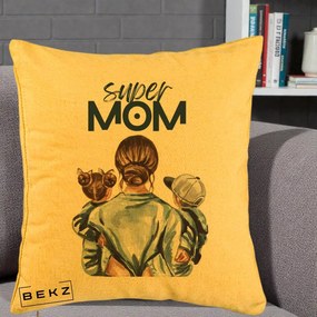 Cadou pentru Mama - Perna Personalizata Super Mom, 40x40 cm, Galben, Husa Detasabila, Perna Inclusa, BEKZ®