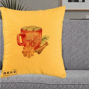 Perna Decorativa Cacao de Iarna cu Biscuit, 40x40 cm, Galben, Husa Detasabila, Perna Inclusa, BEKZ®