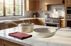 Set de oale si tigai Swiss Haus SH-CC4014CR, 14 piese, Acoperire ceramica Sapphire, Inductie, Cuptor pana la 220°C, Fara PFAS, Crem