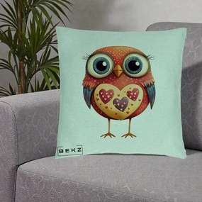 Perna Decorativa Bufnita Rosie cu Inimi Aurii, 40x40 cm, Verde Menta, Husa Detasabila, Perna Inclusa, BEKZ®