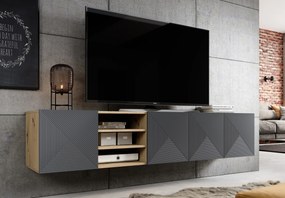 Dulap TV suspendat Asha 200 cm, partea frontală riflat și nișă – stejar artisan / rivier stone mat