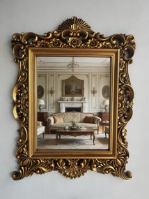 Oglindă decorativă de perete, ramă aurie antichizată, 64 × 84 cm