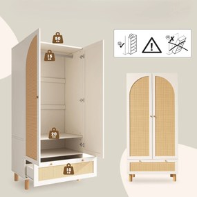 Dulap pentru haine cu 2 uși, front din ratan, sertar mare, rafturi reglabile pe înălțime și bară pentru haine, 180x85x52 cm, Alb