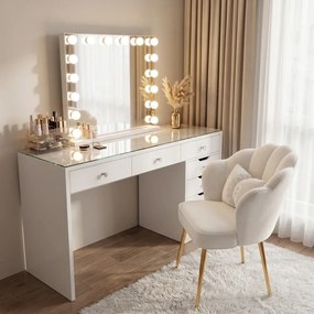 RESIGILAT- Set NORA – Masă de Toaletă pentru Machiaj, Oglindă Iluminată LED, Control Touch, trei tipuri culoare, Incarcare USB, 7 sertare, Alb