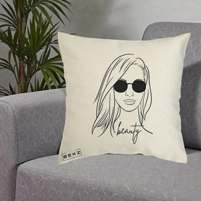 Perna Decorativa Beauty Girl Line Art, 40x40 cm, Ecru, Husa Detasabila, Perna Inclusa, BEKZ®