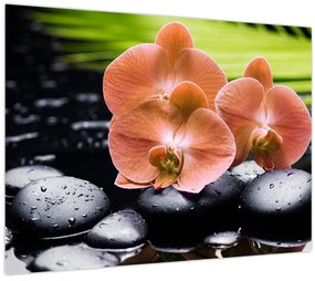 Tablou - Orhidee portocalie cu frunze de palmier (70x50 cm)