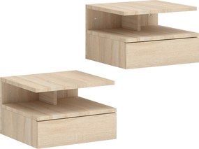 HOMCOM Set de 2 Noptiere Moderne Suspendate pentru Dormitor cu Sertar si Blat din Lemn 35x32x22.5cm, Stejar | Aosom Romania