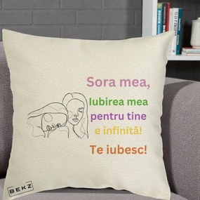 Cadou pentru Sora - Perna Personalizata Sora Mea Te Iubesc Line Art Fete Colorate Brate Ridicate, 40x40 cm, Ecru, Husa Detasabila, Perna Inclusa, BEKZ®