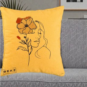 Perna Decorativa Portret Feminin Floare Bej Terracotta, 40x40 cm, Galben, Husa Detasabila, Perna Inclusa, BEKZ®