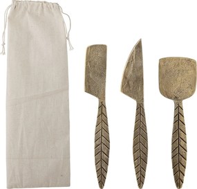 Set 3 ustensile pentru brânză din metal, alamă, mânere în formă de frunză cu desen în relief, finisaj lăcuit, 19 x 5 cm, „Citra”
