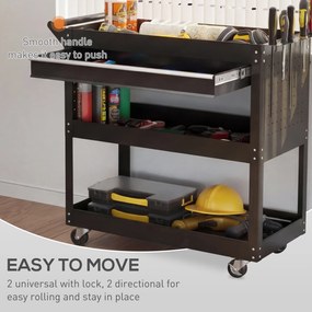 DURHAND Cărucior cu 3 Niveluri din Oțel cu Sertar, Suport Lateral pentru Unelte și Mâner, Negru | Aosom Romania