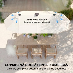 Outsunny Umbrelă dublă, umbrelă terasă, înclinabilă, cu panou solar, 35 LED-uri, cadru din oțel, bej, 2,92 x 1,50 x 2,18 m | Aosom Romania