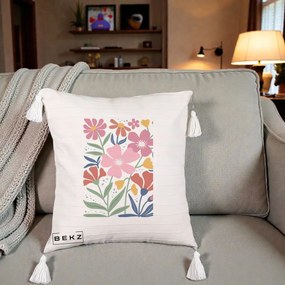 Perna Decorativa Flori Grafice Roz si Terracotta, 40x40 cm, Bej cu Franjuri, Husa Detasabila, Perna Inclusa, BEKZ®