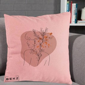 Perna Decorativa Femeie cu Flori Line Art Boho, 40x40 cm, Roz, Husa Detasabila, Perna Inclusa, BEKZ®