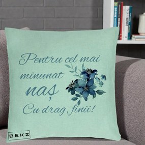 Cadou pentru Nas - Perna Personalizata Pentru Cel mai Minunat Nas Cu drag Finii, 40x40 cm, Verde Menta, Husa Detasabila, Perna Inclusa, BEKZ®
