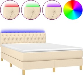 vidaXL Pat cu arcuri, saltea și LED, crem, 140x190 cm, textil