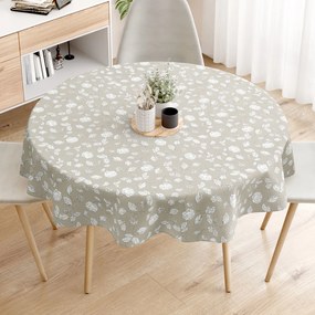Goldea față de masă decorativă loneta - trandafiri albi pe bej natural - rotundă Ø 140 cm