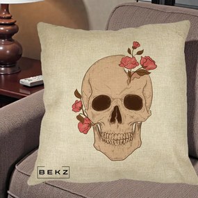 Perna Decorativa Craniu Floral Gothic, 40x40 cm, Crem, Husa Detasabila, Perna Inclusa, BEKZ®